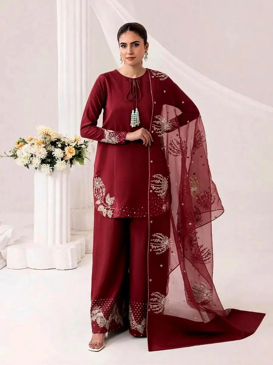 Silver Gold Sequence Embroidered 3Pcs Suit Set