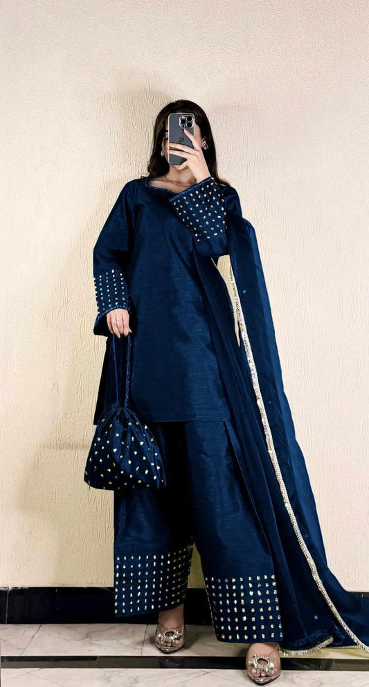 Dark Blue Pearl Embroidered 3Pcs Farshi Set