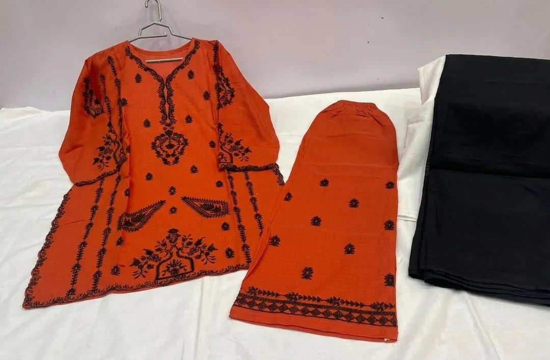 Red Embroidered 3-Piece Cotton Lawn Suit with Chiffon Dupatta