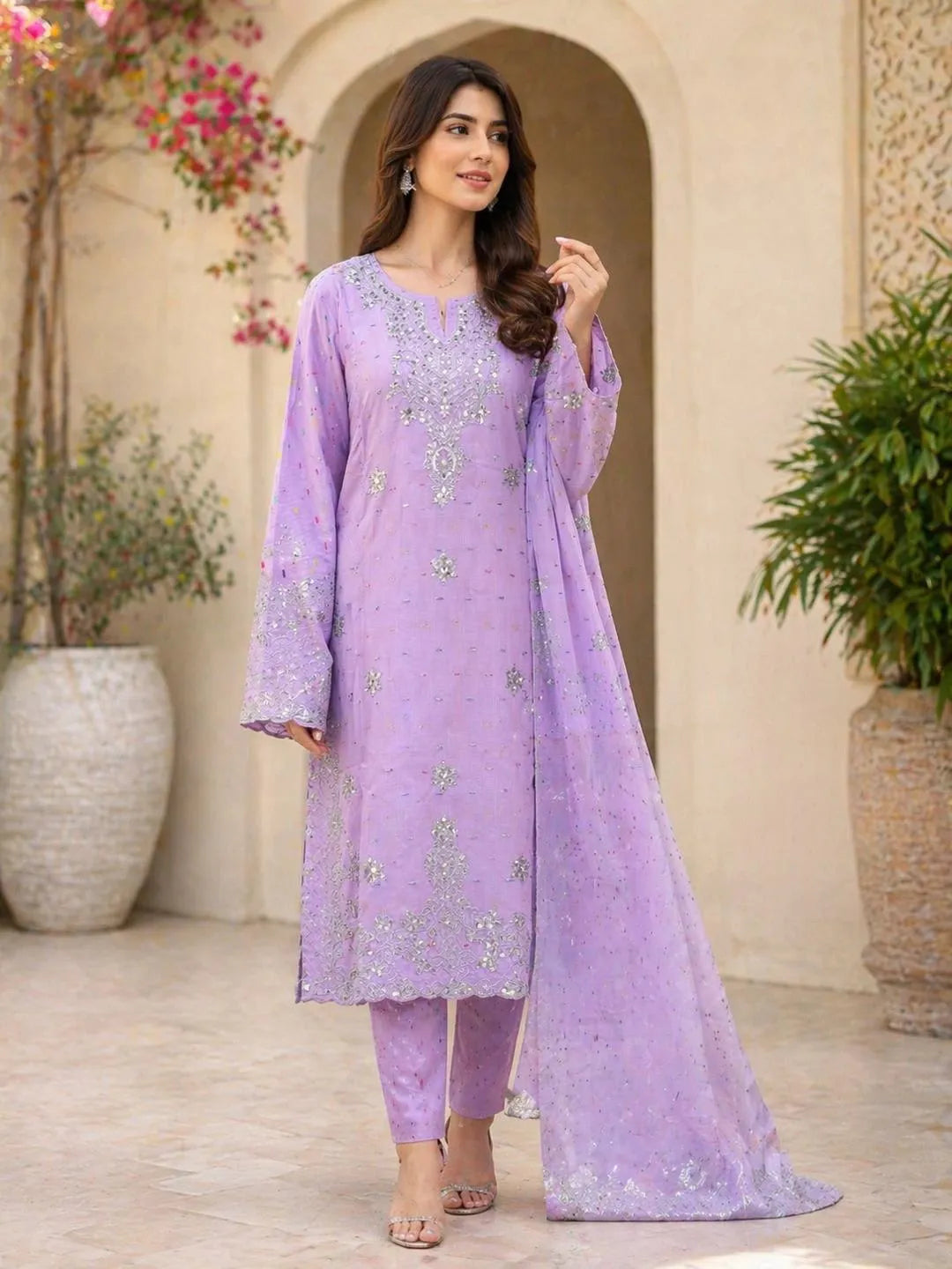 Pakistani Embroidered 3Pcs Cotton Lawn Set Lavender