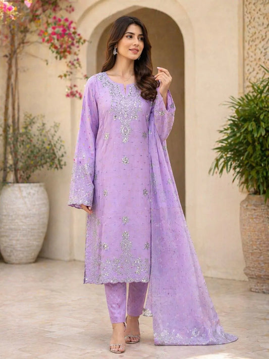 Pakistani Embroidered 3Pcs Cotton Lawn Set Lavender