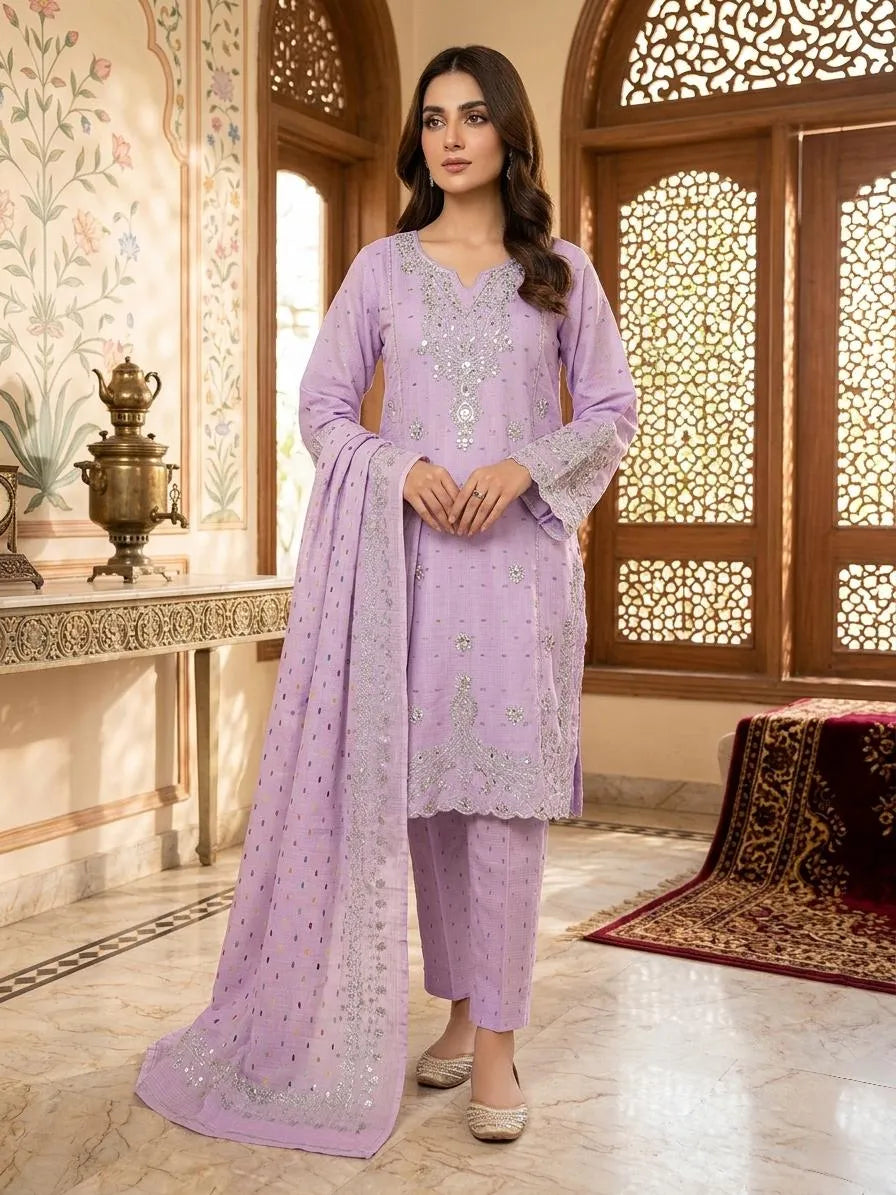 Pakistani Embroidered 3Pcs Cotton Lawn Set Lavender
