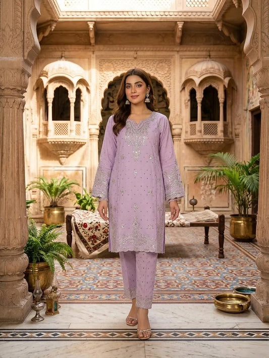 Pakistani Embroidered 3Pcs Cotton Lawn Set Lavender