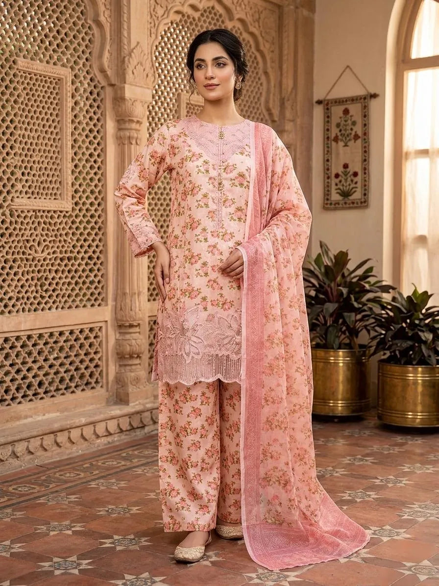 Pink Embroidered 3Pcs Cotton Lawn Suit with Organza Dupatta