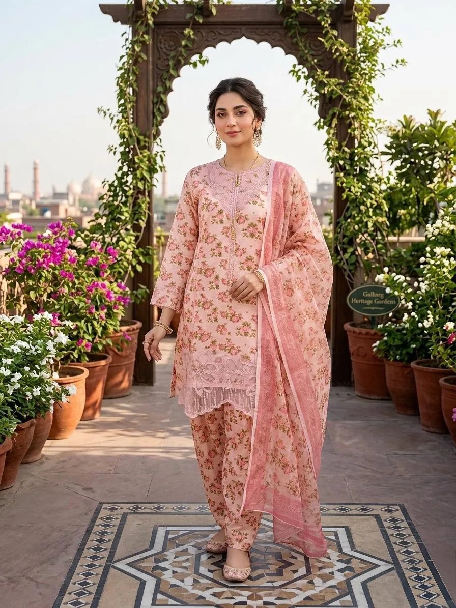 Pink Embroidered 3Pcs Cotton Lawn Suit with Organza Dupatta