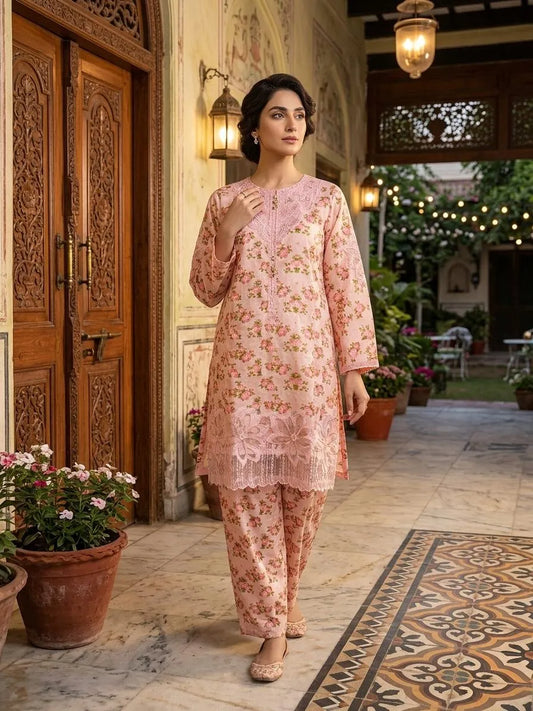 Pink Embroidered 3Pcs Cotton Lawn Suit with Organza Dupatta