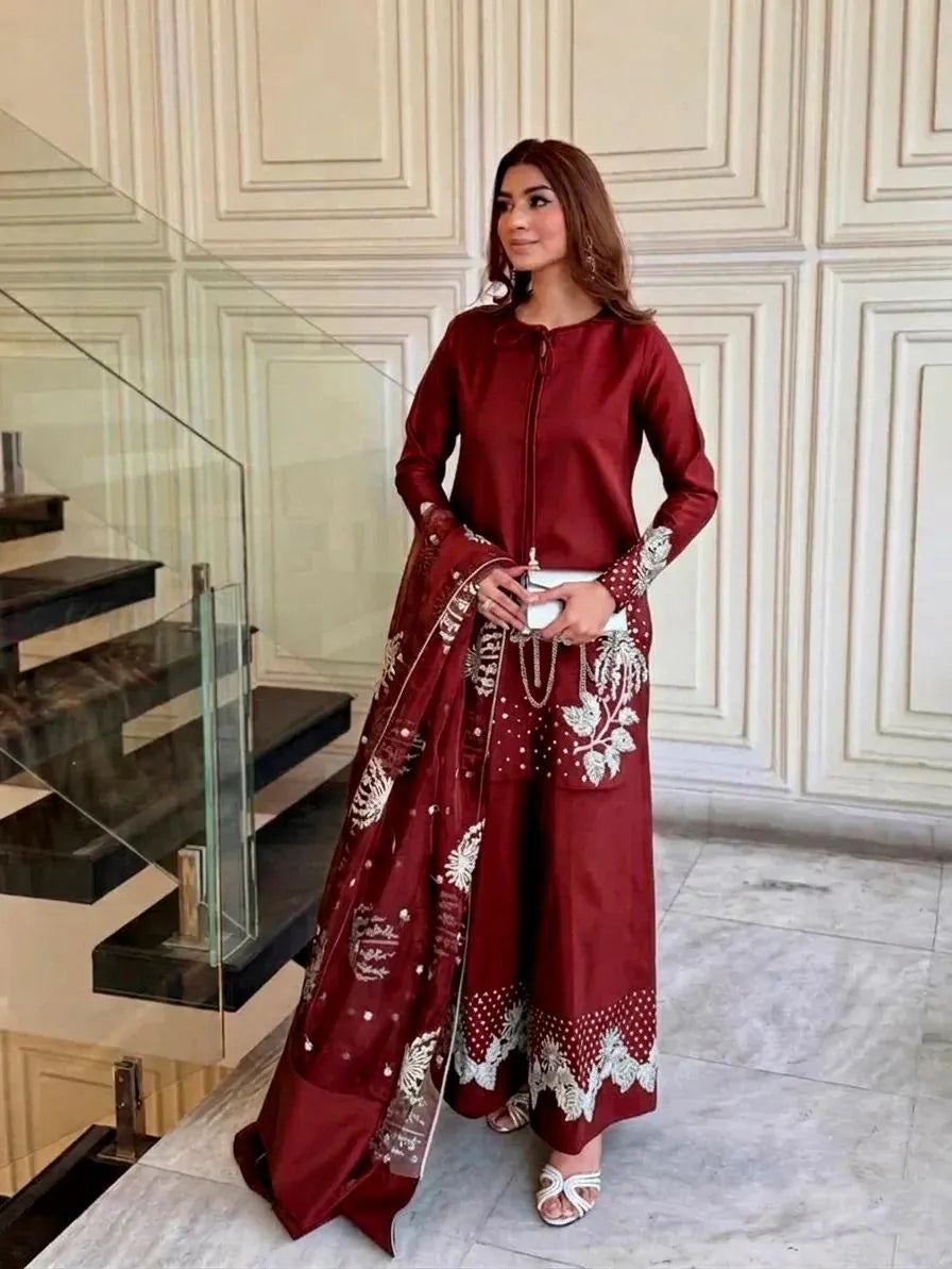 Silver Gold Sequence Embroidered 3Pcs Suit Set