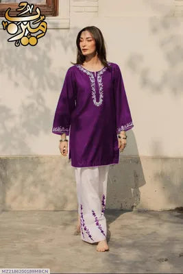 Purple Embroidered Cotton Kurta Set for Women