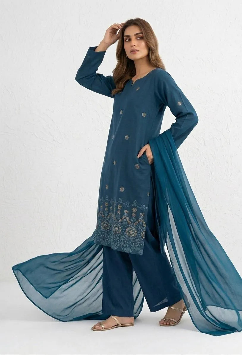 Turquoise Embroidered 3-Piece Cotton Lawn Suit 5.0