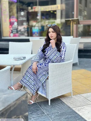 Long Printed 2PC Doria Lawn Suit Blue White